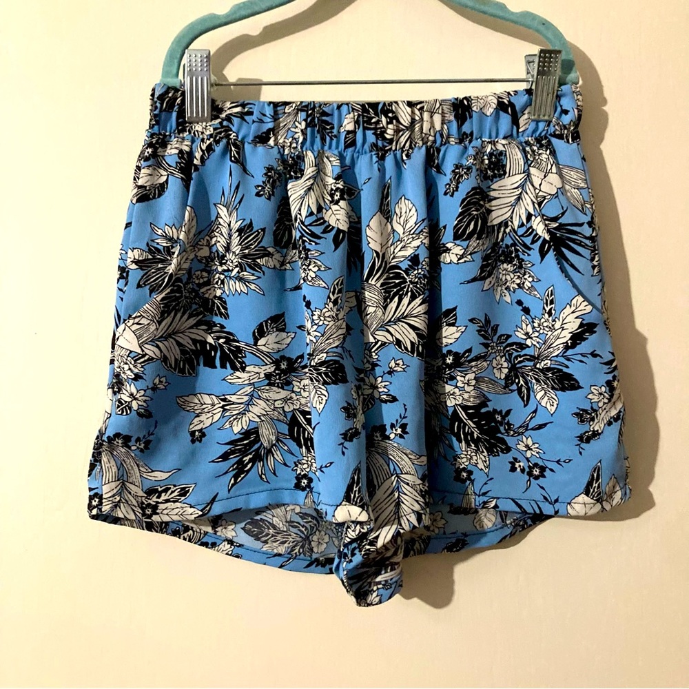 Fab’ rik Floral Print Bright Blue and White Tropical Elastic Waist Summer Shorts